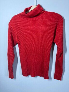 VTG Yarnworks Red Ribbed Turtleneck Sweater Medium Long Sleeve Sparkly Knit Top